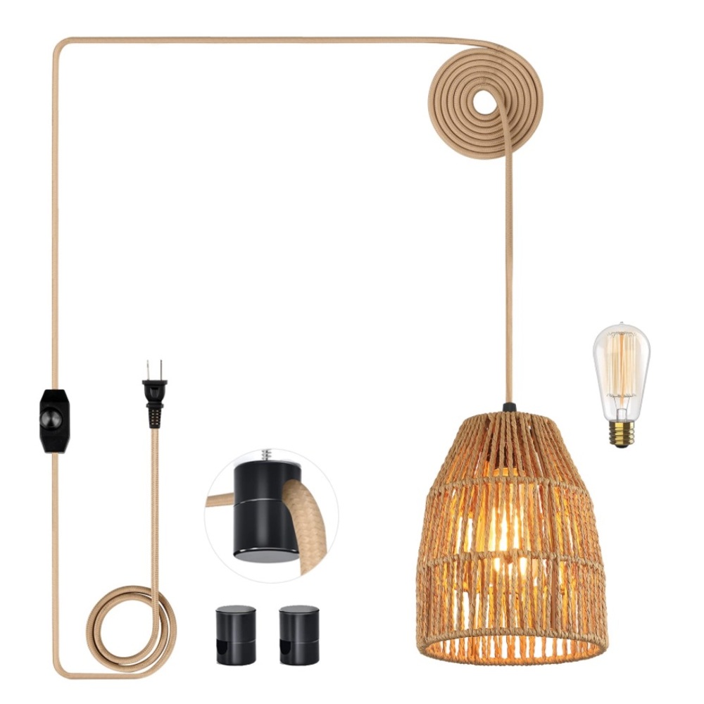 Plug-in Woven Rattan Pendant Light with Bulb